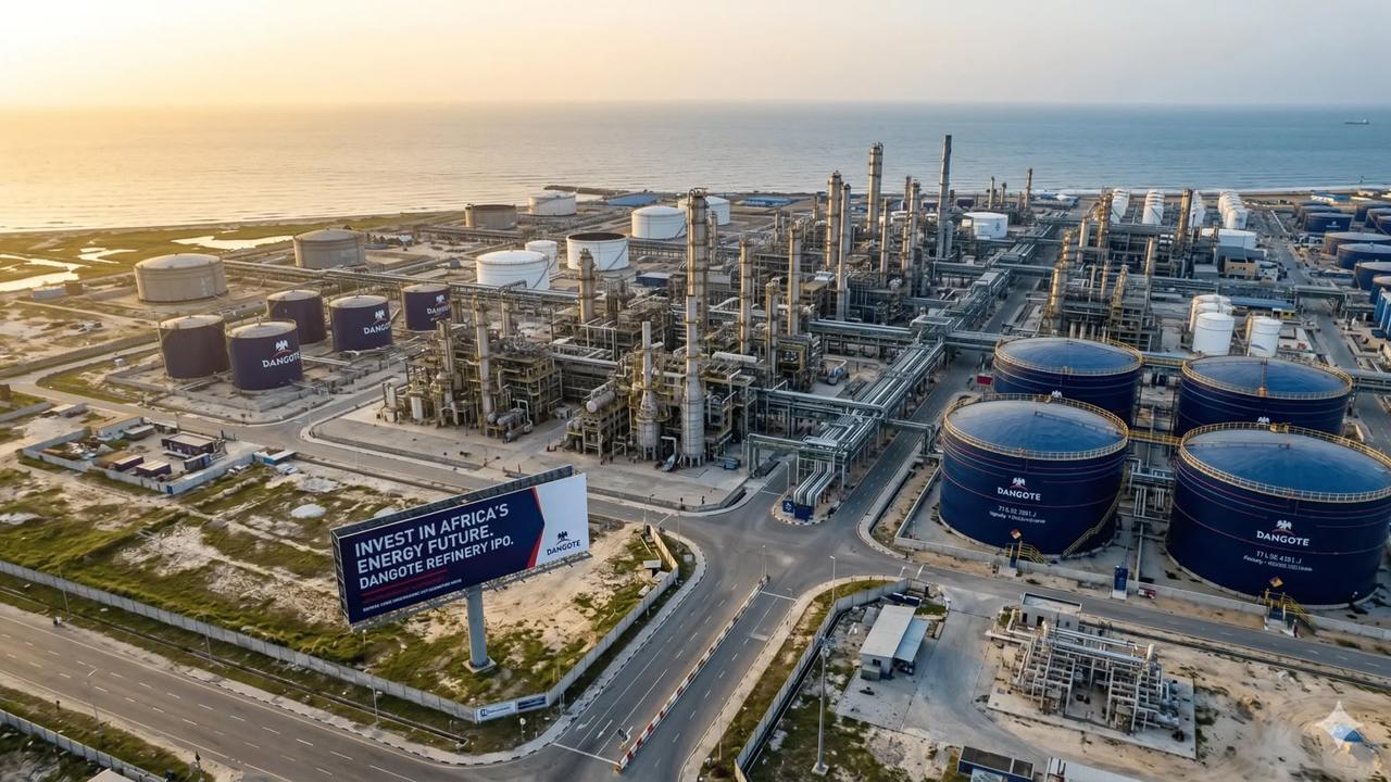 Aerial view of the Dangote refinery at sunset, its distillation columns and pipework surrounded by rows of navy and white storage tanks, the Atlantic behind it and a roadside billboard advertising the refinery's public listing.