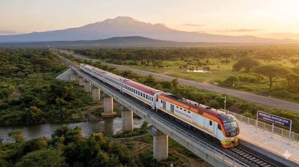 An aerial view of a Madaraka Express train crossing a viaduct on Kenya's Standard Gauge Railway at sunset, with elephants grazing beside a river and Mount Kilimanjaro in the background.